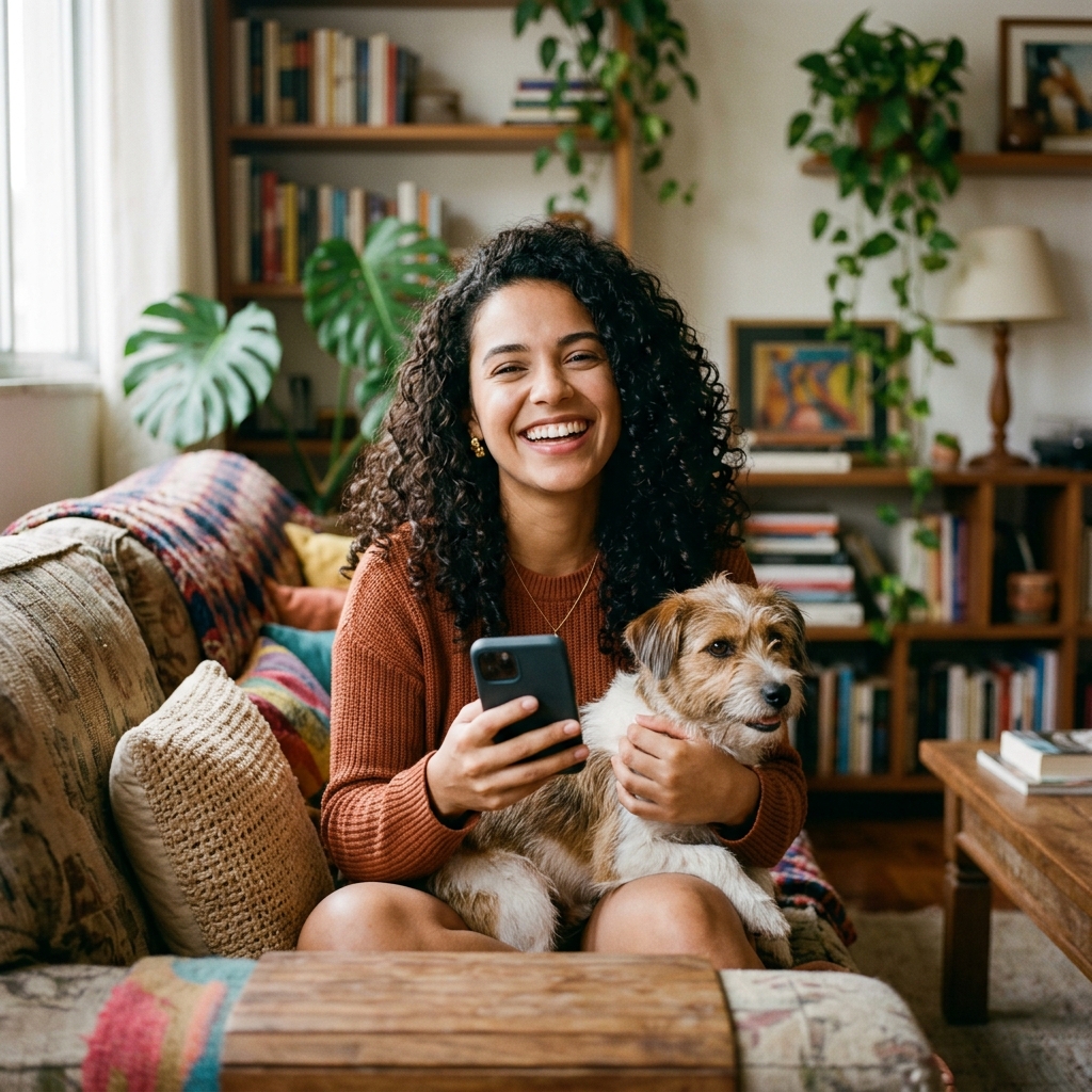 Cliente feliz no sofá de casa com o pet